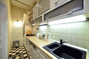 Apartament, 2 dormitoris, vistes a la ciutat | Cuina privada | Frigorífic gran, microones, forn i placa de cuina