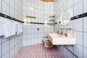 Standaard vierpersoonskamer | Badkamer | Een douche, een haardroger, pantoffels, handdoeken