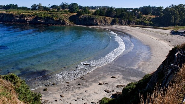 A coastal beach with clear water, sandy shore, and surrounding greenery.