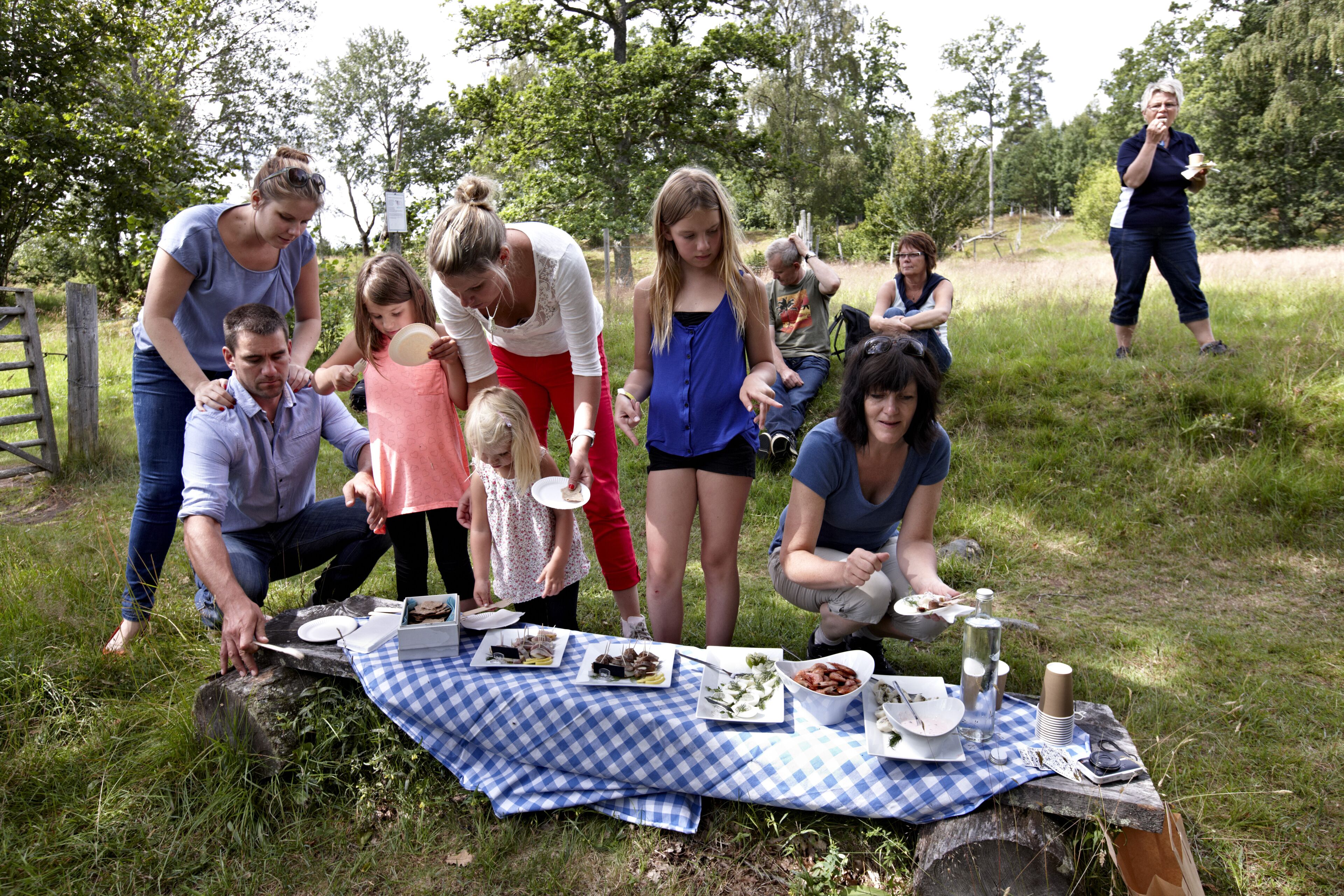A group of people gathered around a picnic table with food and drinks in a grassy outdoor setting.