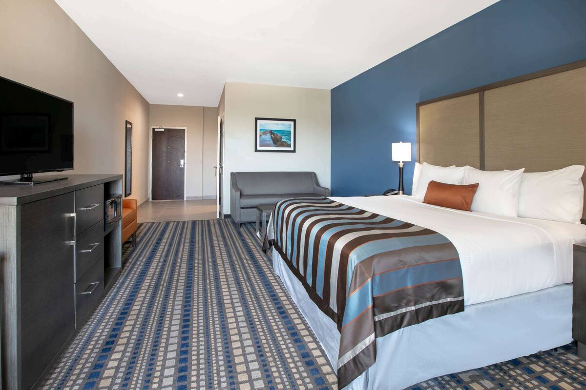 Hotellihuone, jossa on suuri sänky, televisio, työpöytä ja kuviollinen matto.