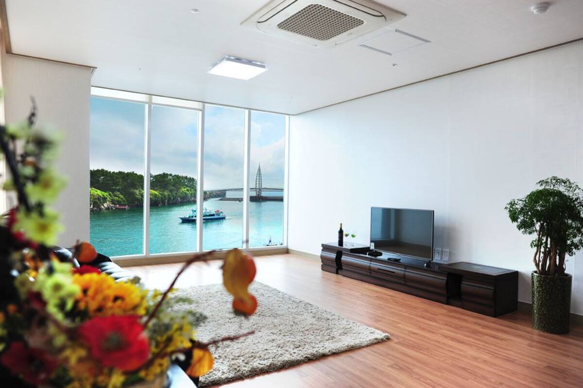 A modern living room with a large window overlooking a body of water and a bridge, a flat-screen TV on a wooden console, and a potted plant.