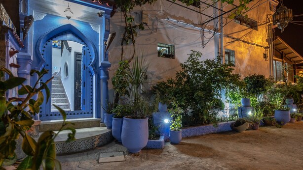 A courtyard with a blue archway leading to a staircase, surrounded by potted plants and a building with a textured facade. - Dar Saida Hora (Chefchaouen)