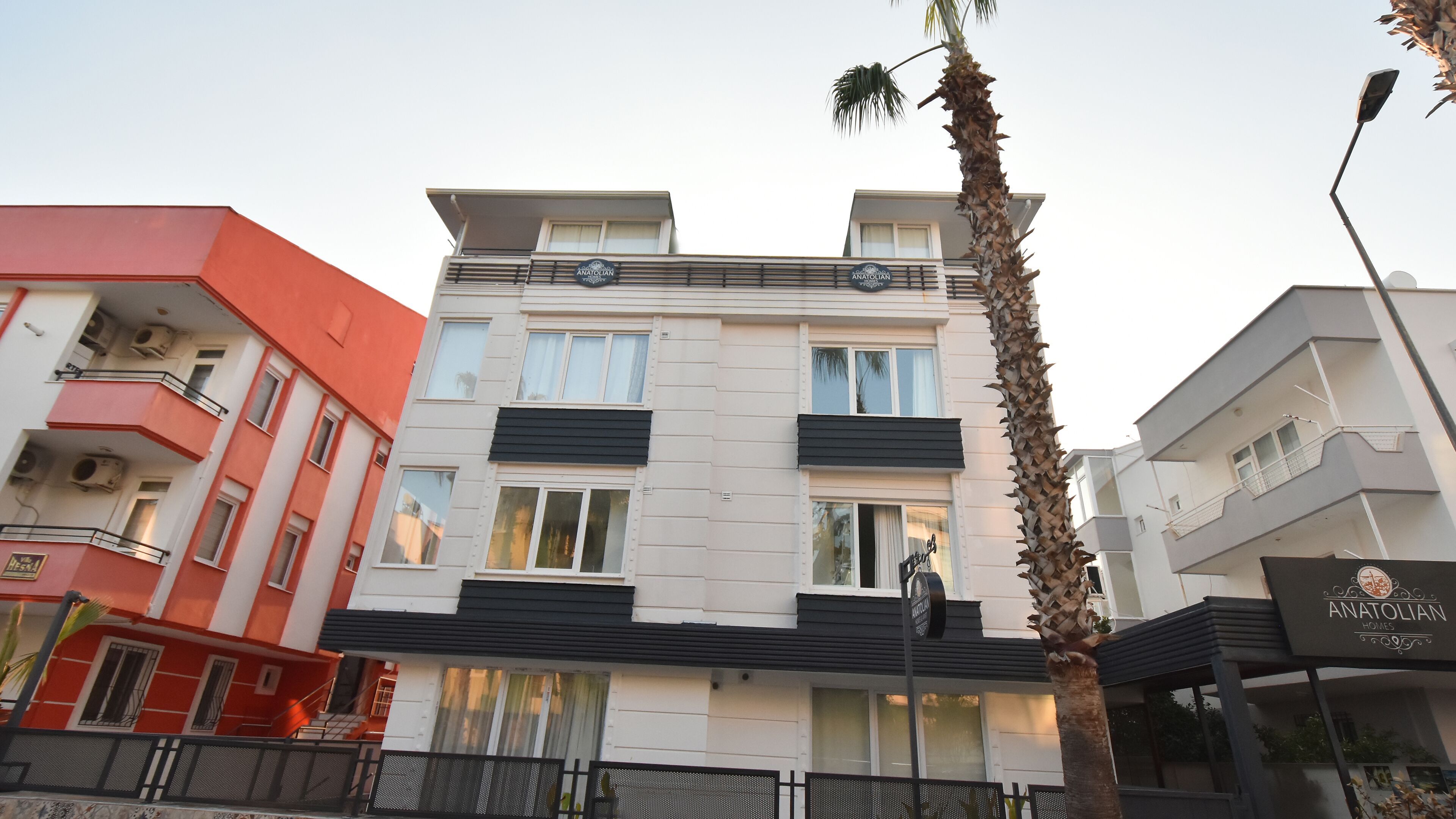 A multi-story building with balconies, a sign for 'Anatolian Homes', and a palm tree in the foreground.