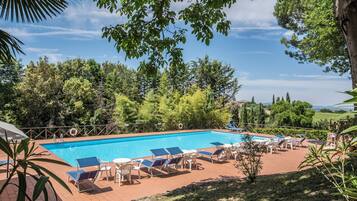 Seasonal outdoor pool, open 8:30 AM to 8:00 PM, pool umbrellas