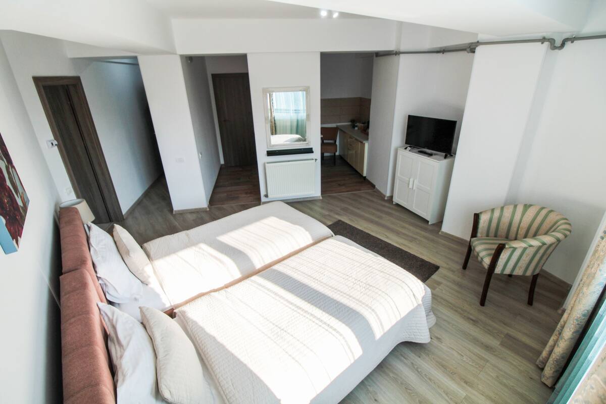 A bedroom with a large bed, a chair, a TV, and a kitchenette in the background.