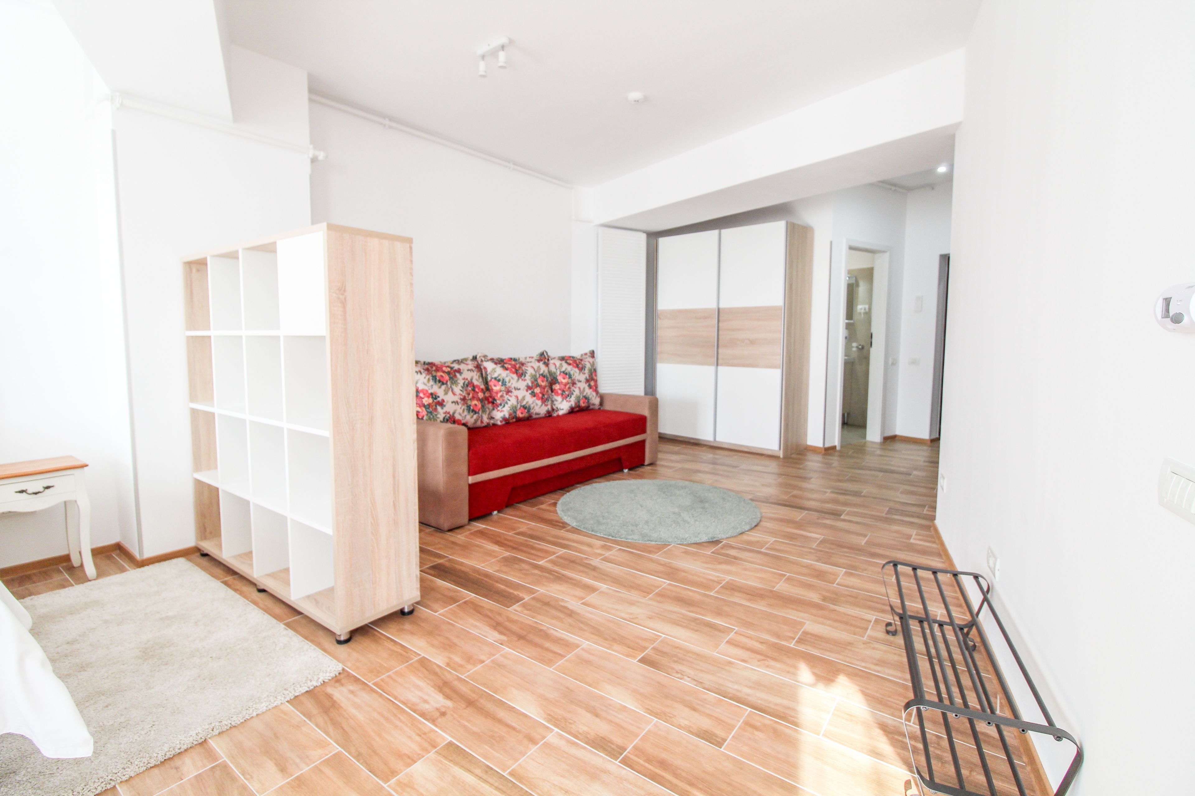 A modern living room with a red sofa, a wooden cabinet, and a grey rug.