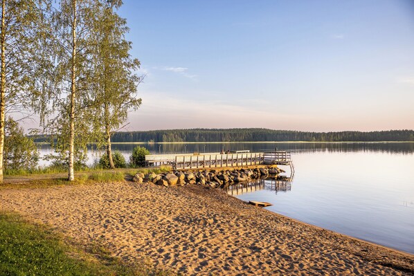 A lakeside scene with a wooden dock extending into calm water, surrounded by trees and a sandy shore.