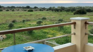 A balcony with a view of a grassy field and a body of water. - Alekos Beach Houses-Angelo (Kefalonia)