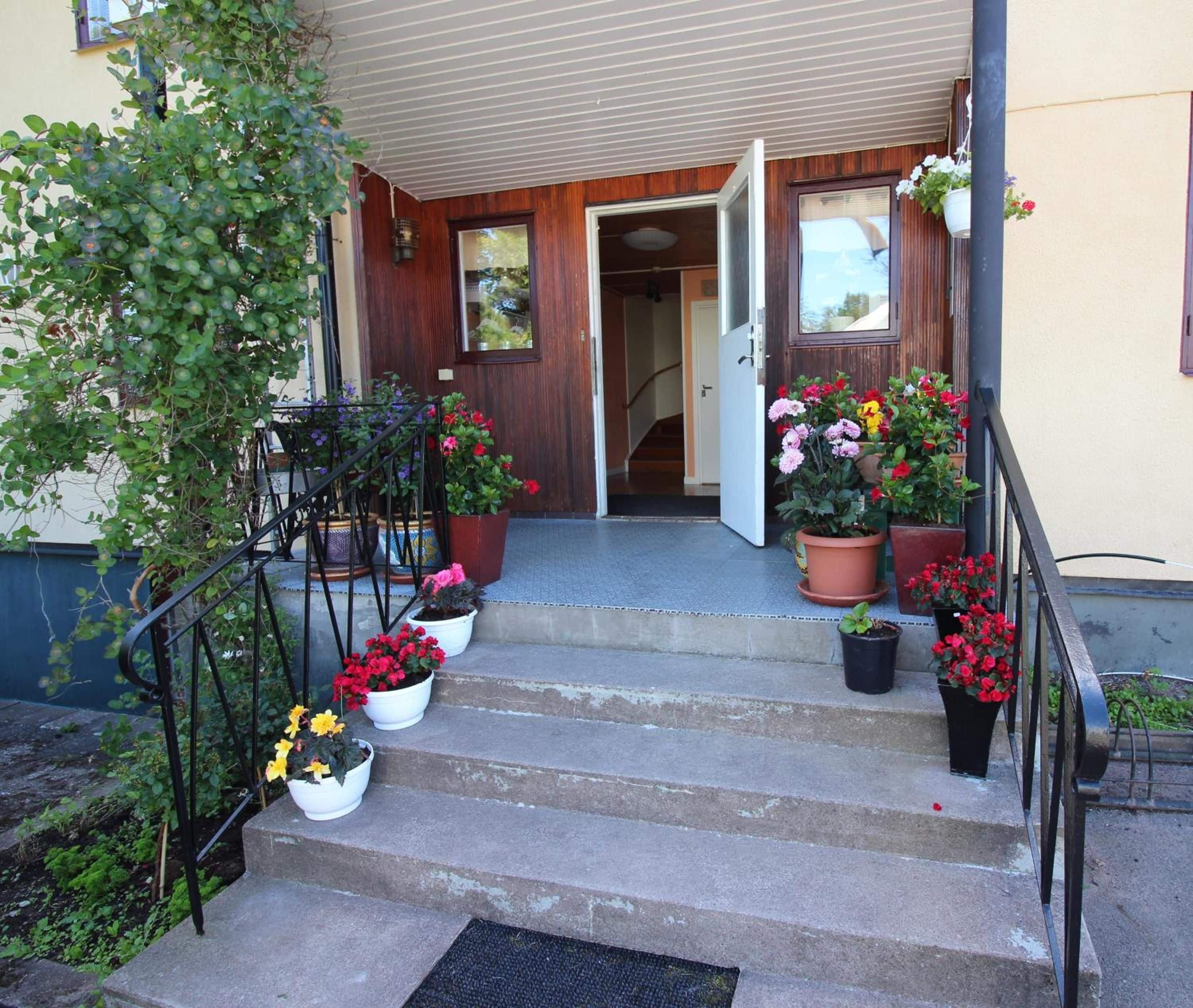 A residential entrance with a wooden door, a staircase, and potted plants.
