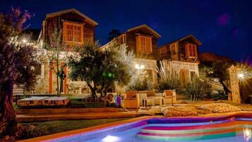 Seasonal outdoor pool, pool umbrellas, pool loungers