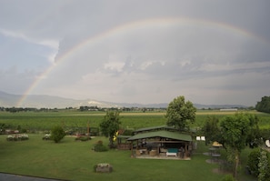 Un espacio de estar rústico al aire libre con un pabellón de techo verde, rodeado de abundante vegetación y vistas a un campo lejano y montañas.