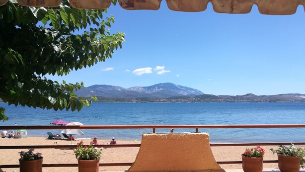 Una terraza con vista al mar, plantas en macetas y un banco de madera.