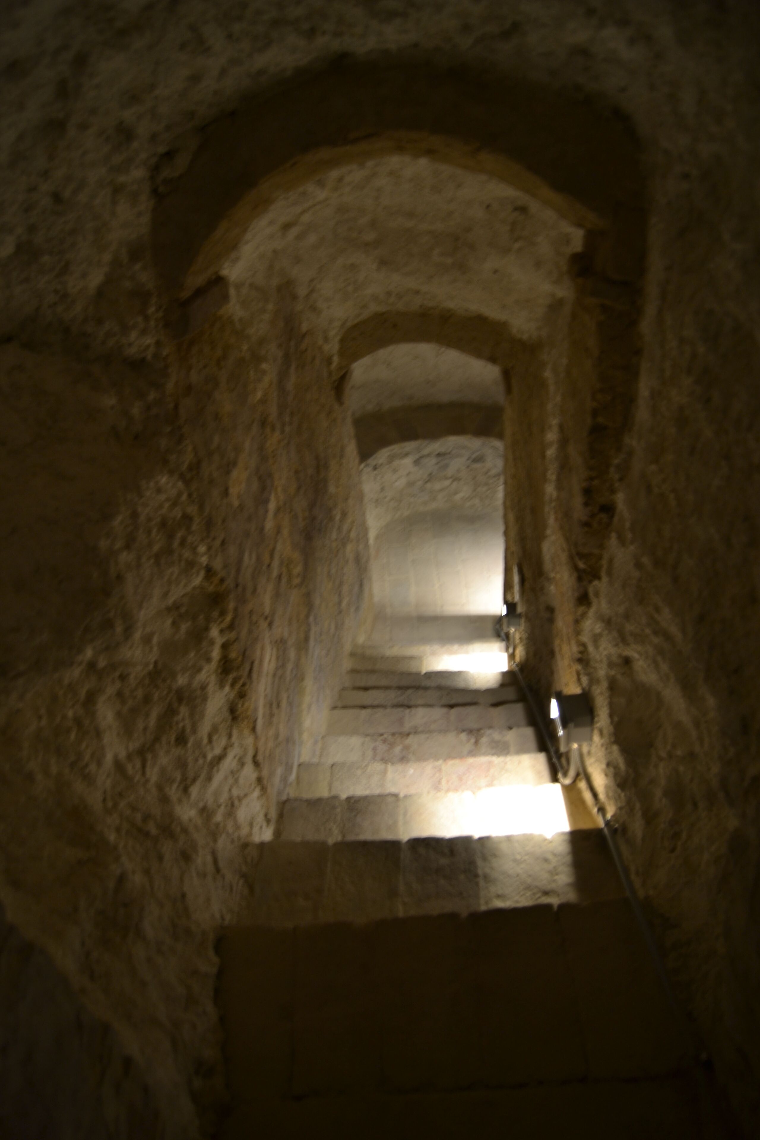 Una escalera de piedra en un pasaje en arco tenuemente iluminado.