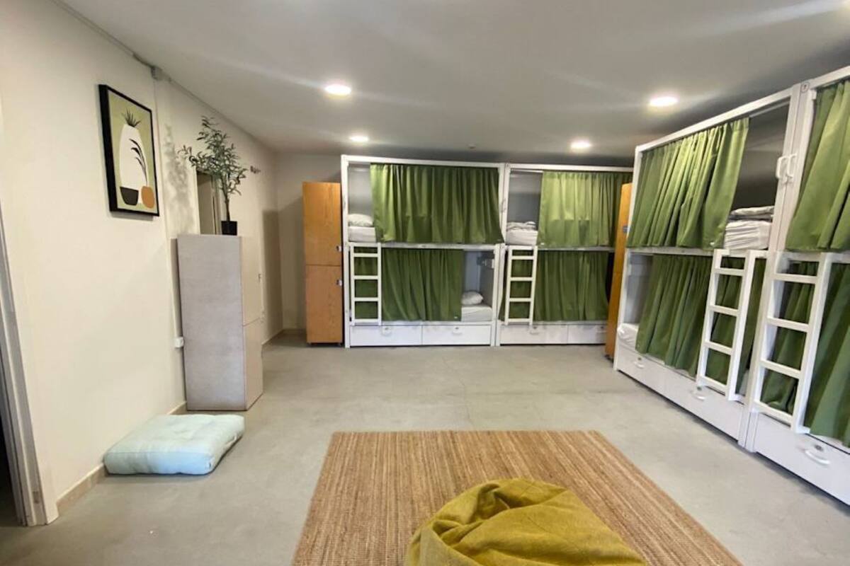 Una habitación con literas, un sillón de saco, una planta y un cuadro en la pared.