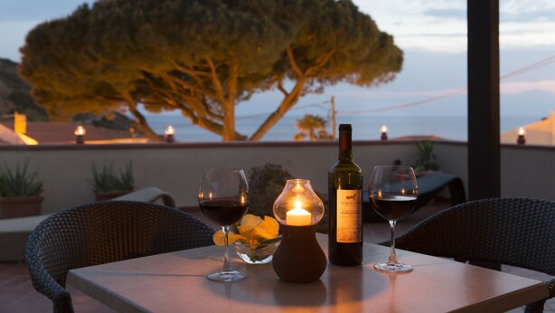 Uma mesa com duas taças de vinho, uma vela e uma garrafa de vinho num terraço ao ar livre com vista para uma árvore e o mar.