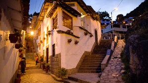 A narrow street with a white building with a tiled roof, a staircase leading up, and potted plants on the walls. - Mayu Boutique Hotel (Cusco)