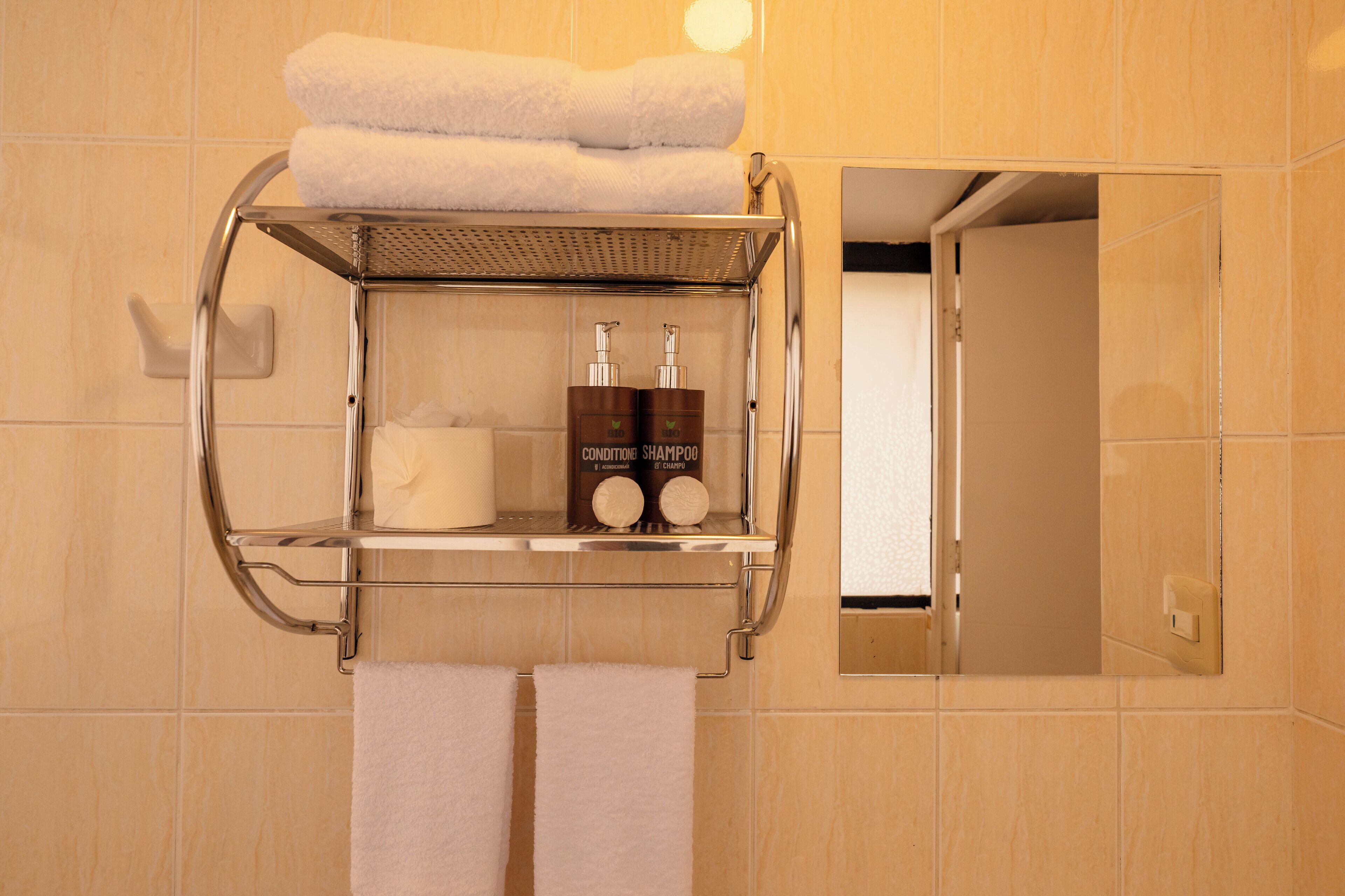 Een badkamer met een handdoekhouder met twee handdoeken, een plankje met een fles shampoo en een spiegel.