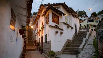 A narrow street with a white building featuring a tiled roof, stone steps, and hanging flower pots.