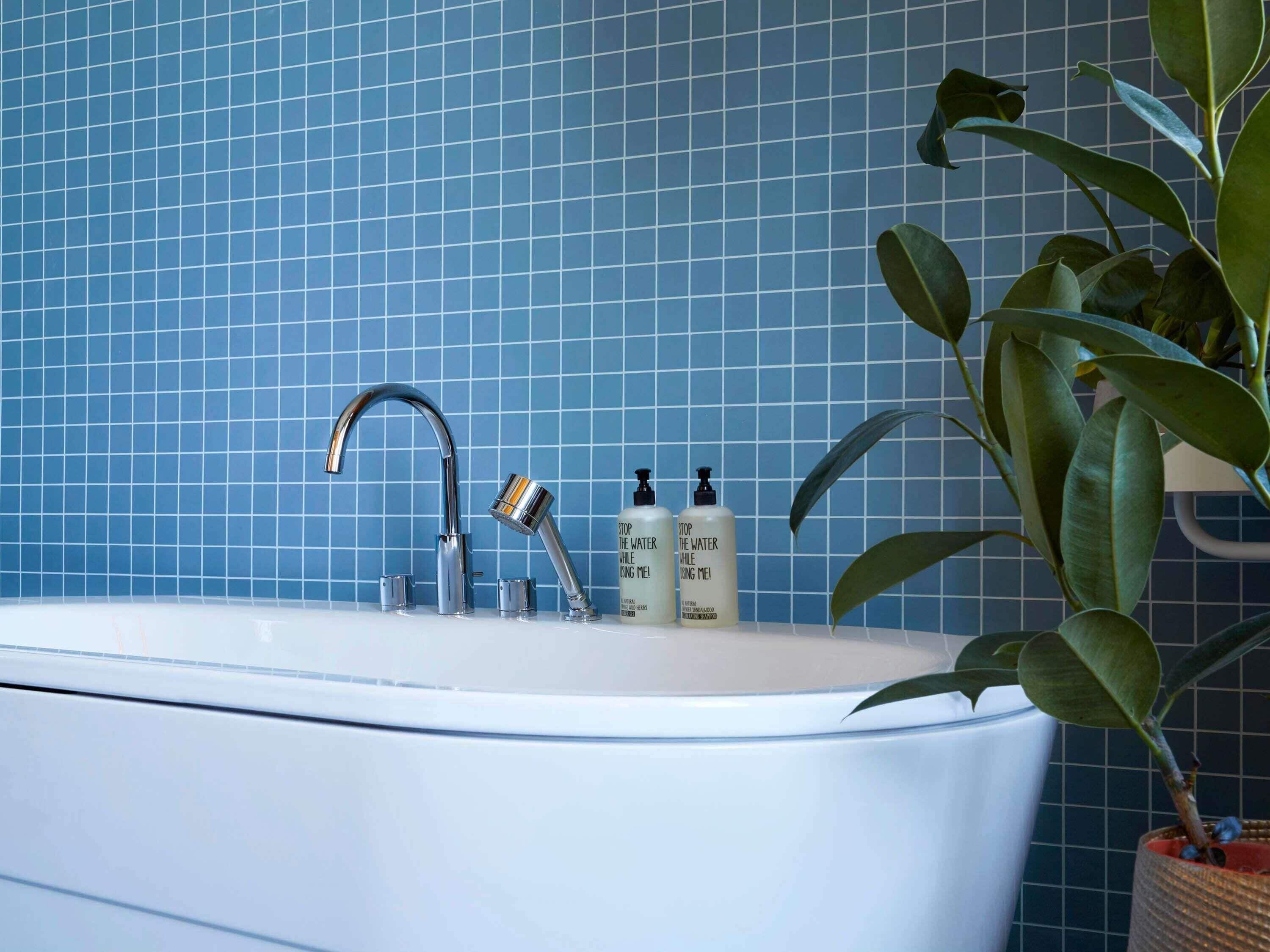 Un bagno con una vasca da bagno bianca, un rubinetto cromato e due flaconi di shampoo.