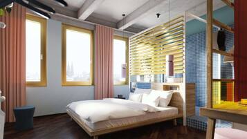 A modern bedroom with a bed, large windows, a city view, and a unique wooden slat partition.