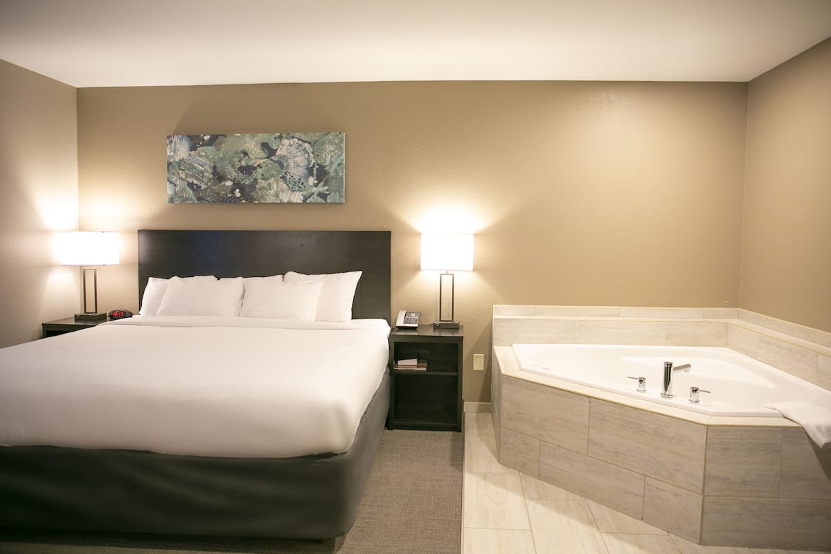 Habitación de hotel con una cama grande, dos lámparas de noche, una mesita de noche, un cuadro en la pared y un baño separado con bañera.