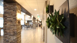 Un couloir avec un pilier en pierre, une plante fixée au mur et, au loin, une vue sur un coin repas.