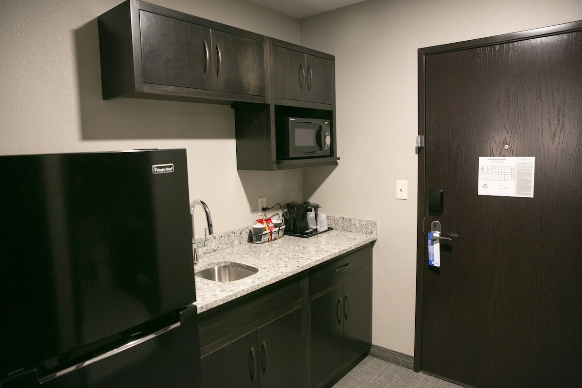 Una cocina compacta con refrigerador, microondas y pileta.