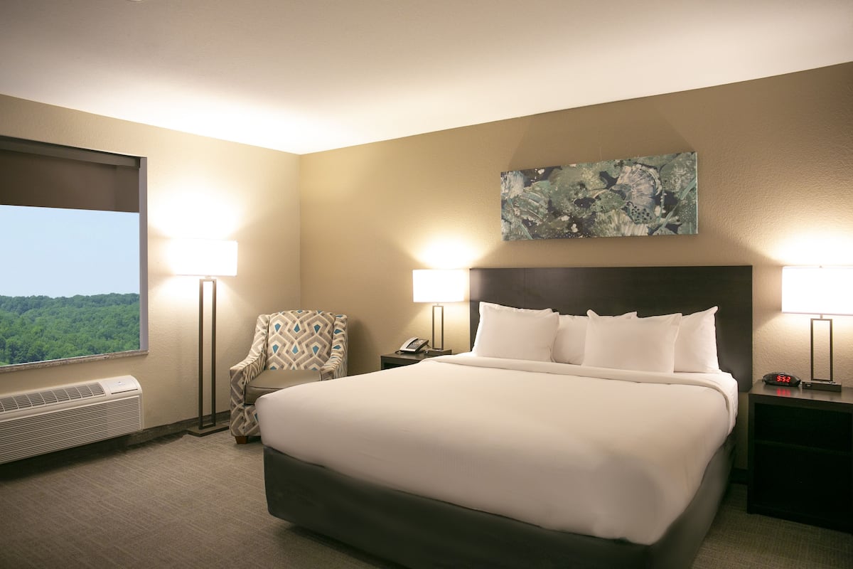 Habitación de hotel con una cama grande, dos lámparas de noche, una silla, mesita de noche con teléfono y un cuadro en la pared.