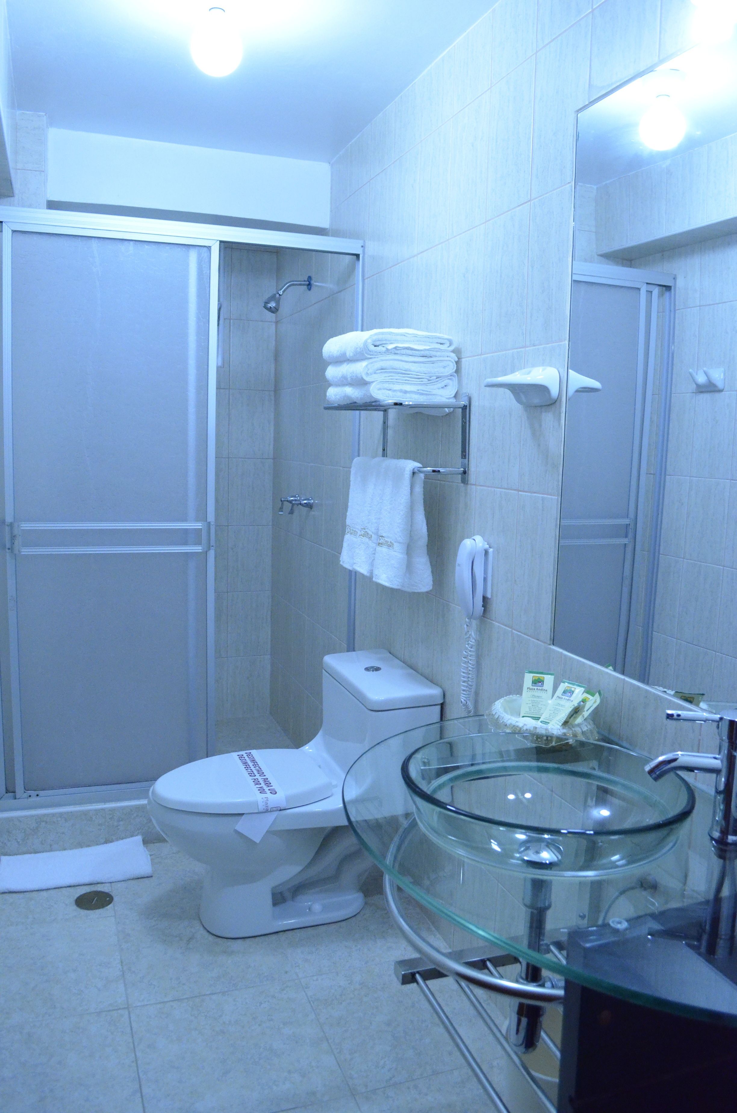 Un baño con lavabo de cristal, inodoro, ducha y espejo.