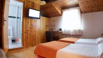 A wooden-paneled room with two beds, a television, a shower area, and a desk.