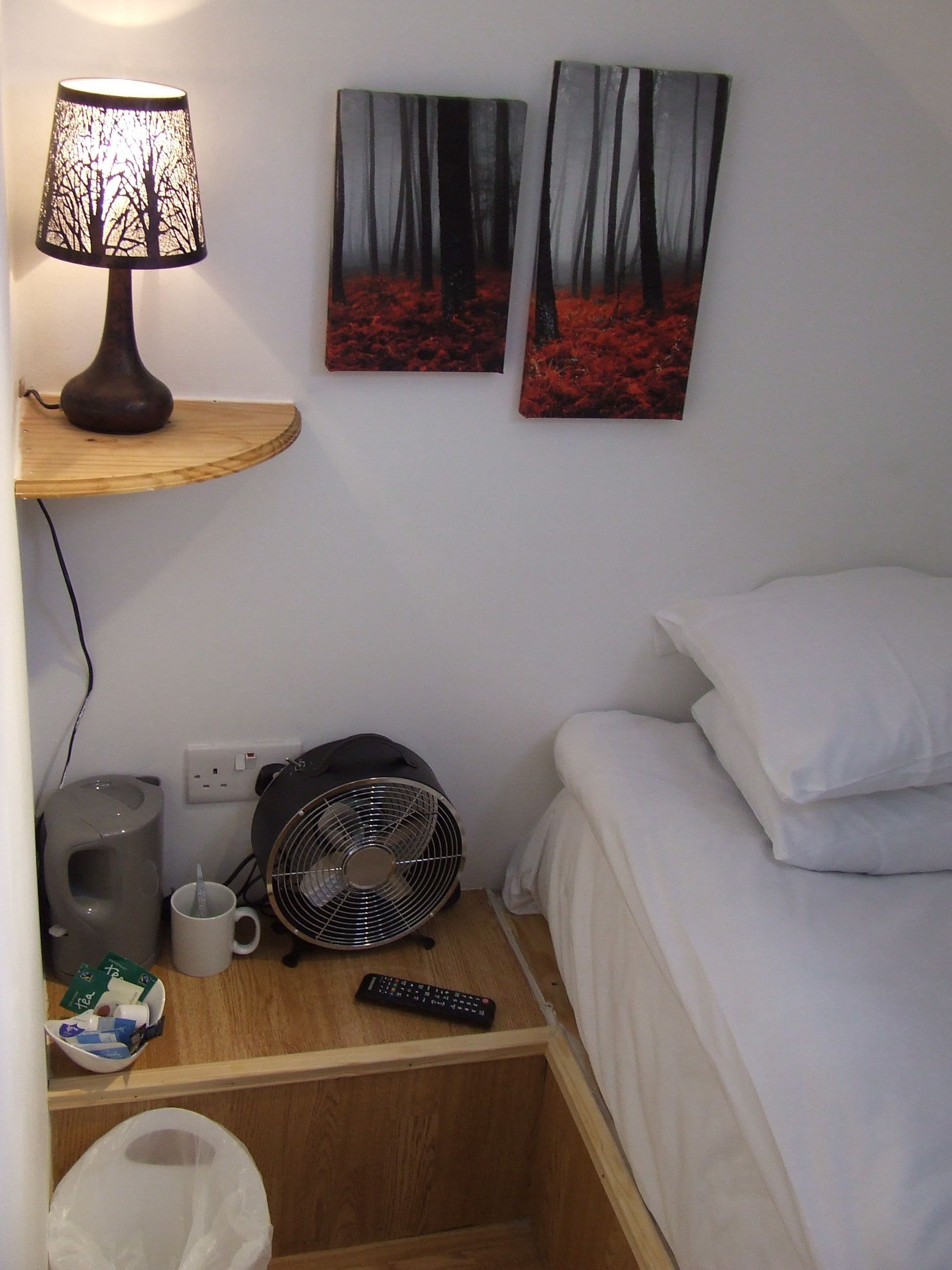 A hotel room with a bed, a bedside table with a lamp, a fan, a remote control, and two paintings on the wall.