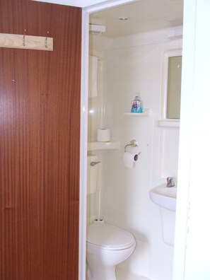 A bathroom with a toilet, a sink, and a shower. There is a wooden door, a mirror, and a shelf with toiletries. - Alexandra Guest House (Hemel Hempstead)
