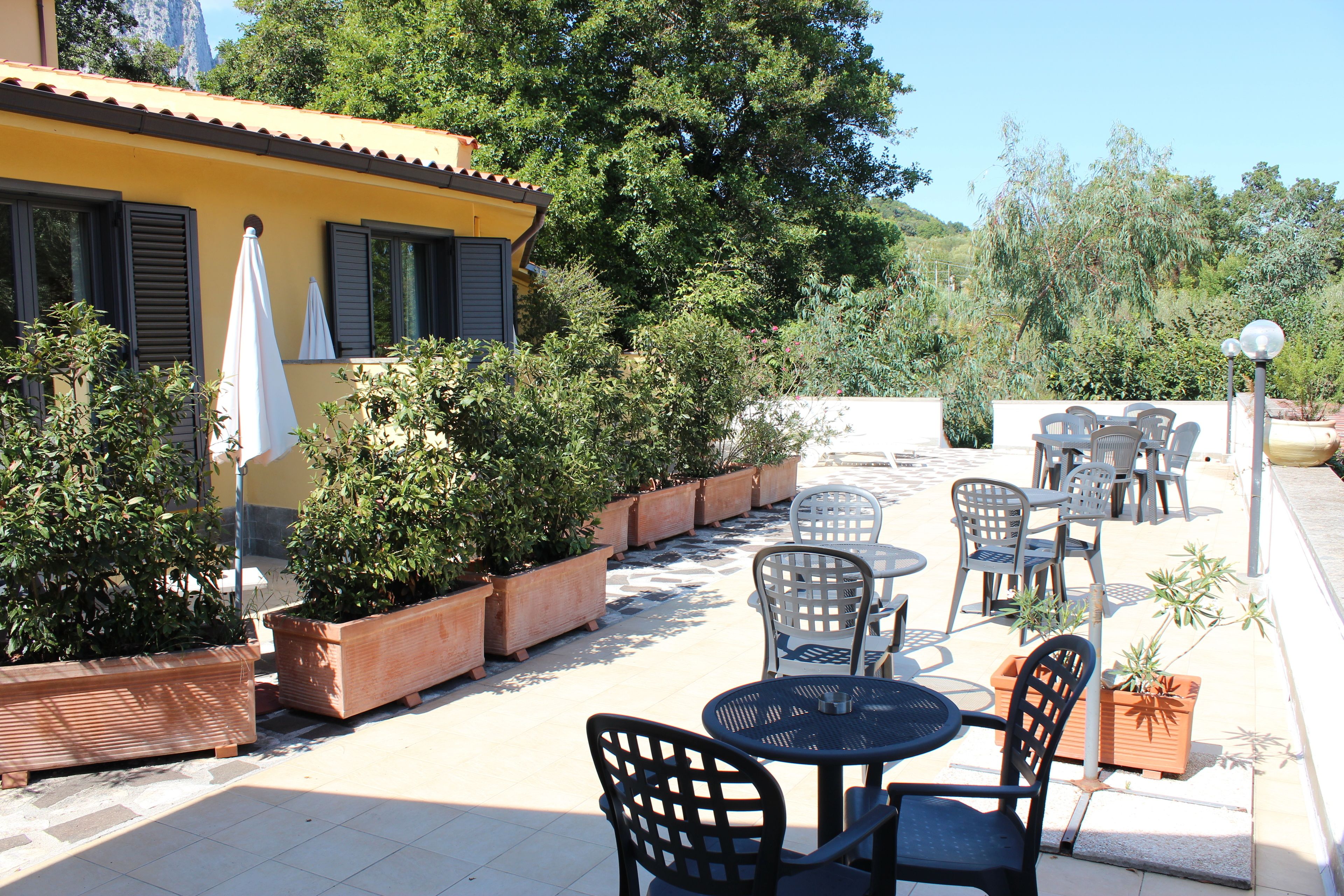 An outdoor patio area with tables and chairs, surrounded by potted plants and a yellow building with shutters.