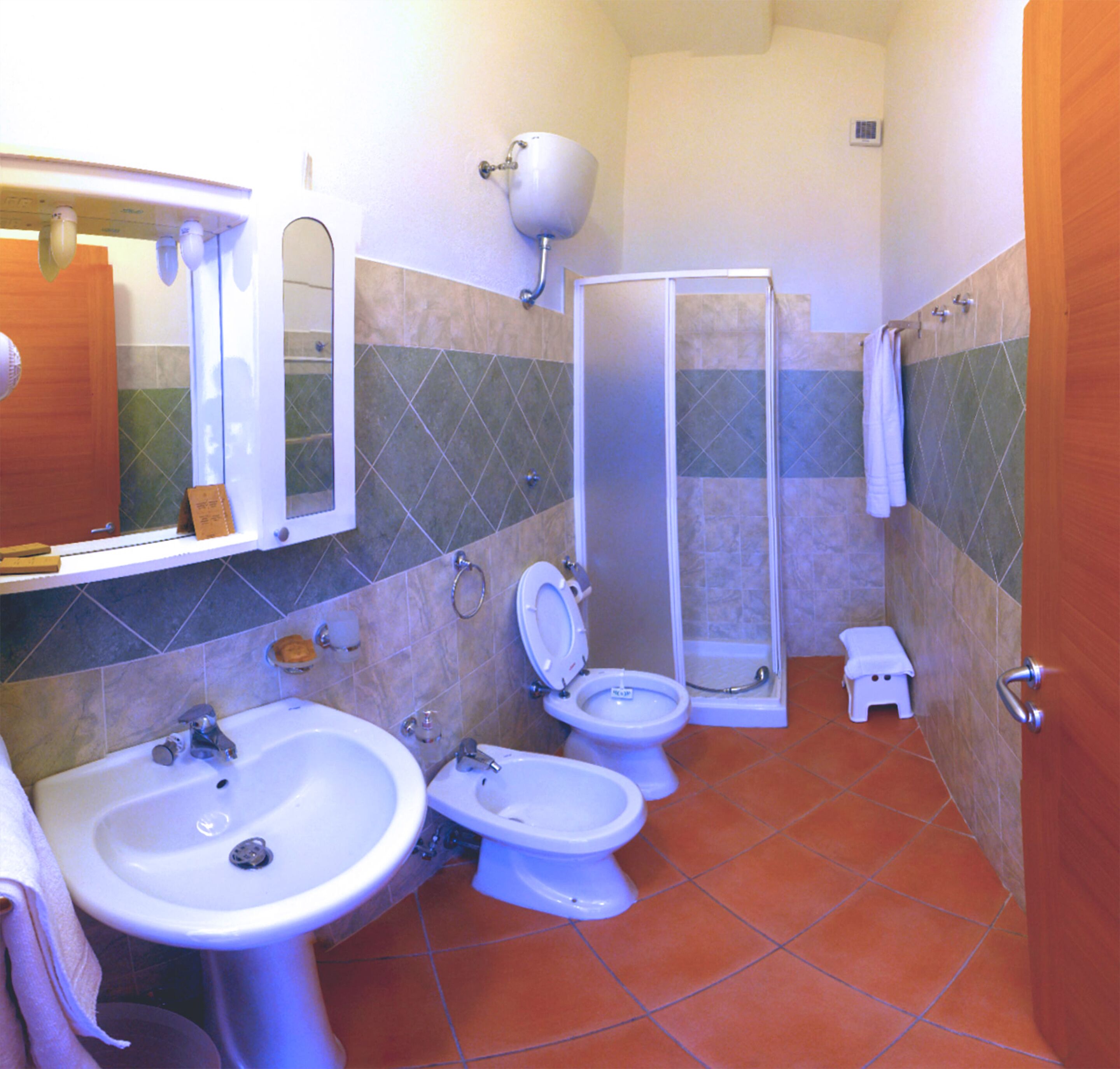 A bathroom with a sink, two toilets, a shower, and a mirror.