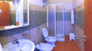 A bathroom with a sink, two toilets, a shower, and a mirror.