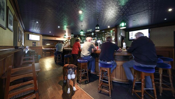 A bar with wooden stools, a dog on the floor, and people sitting at the bar. - The Station Hotel (Carnoustie)