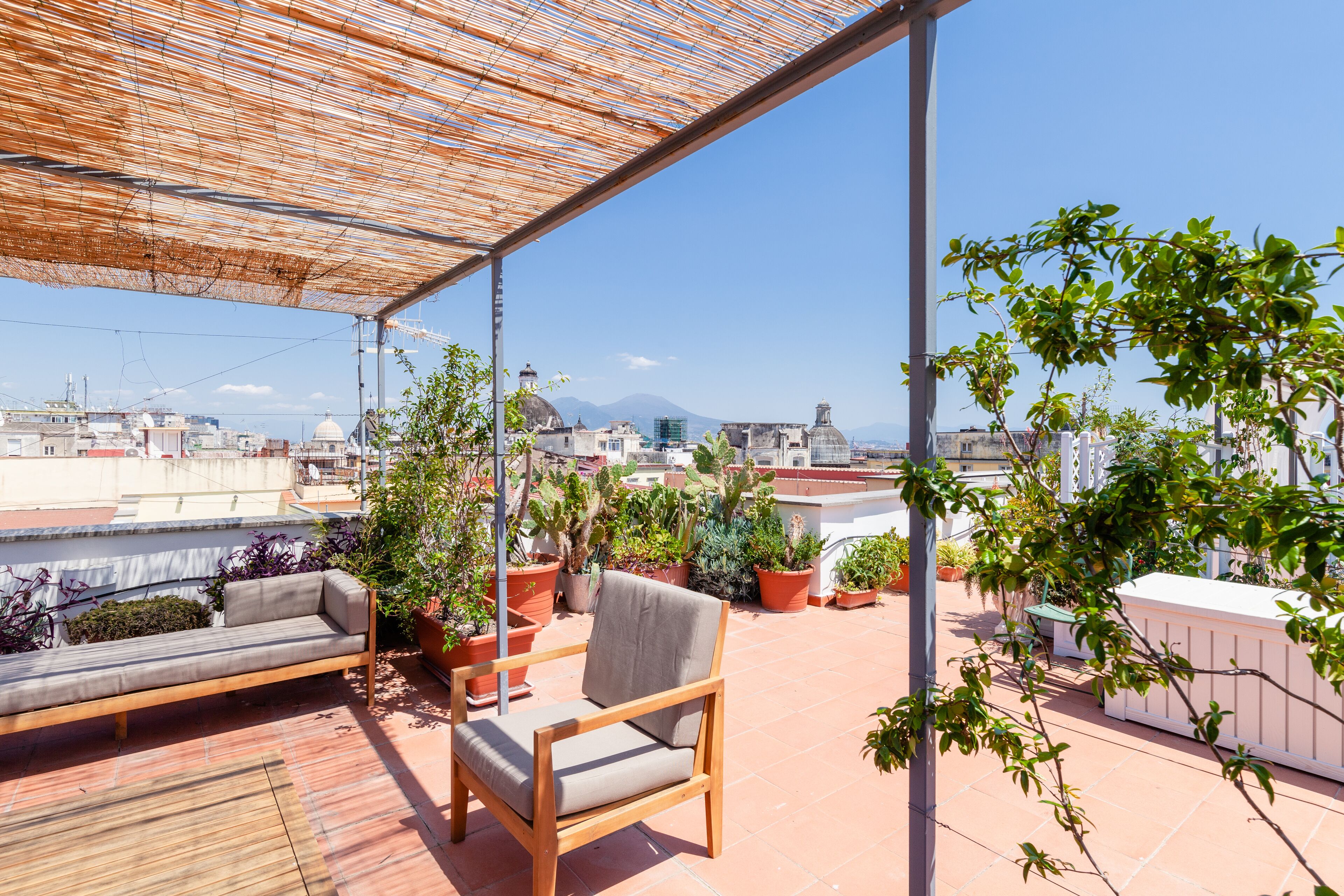 Una terraza en la azotea con un banco de madera, una silla con cojín y plantas en macetas.