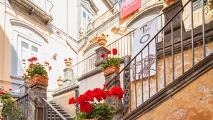 A staircase with stone balustrades and red flowers, leading to a building with ornate balconies and a weathered facade. - Palazzo Marigliano (Naples)