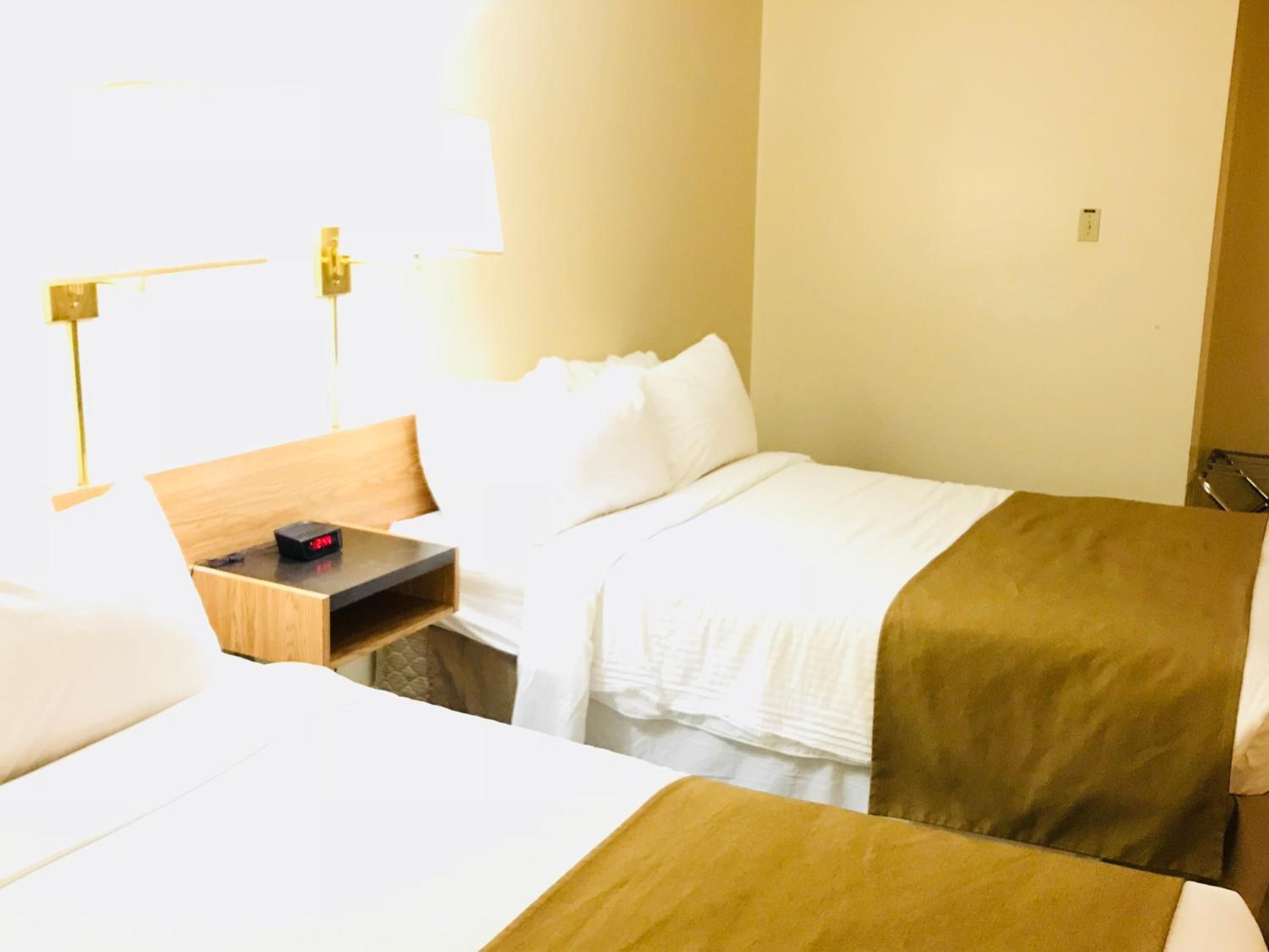 Une chambre d’hôtel avec deux lits, une table de chevet avec une horloge, une lampe et une fenêtre avec des rideaux.