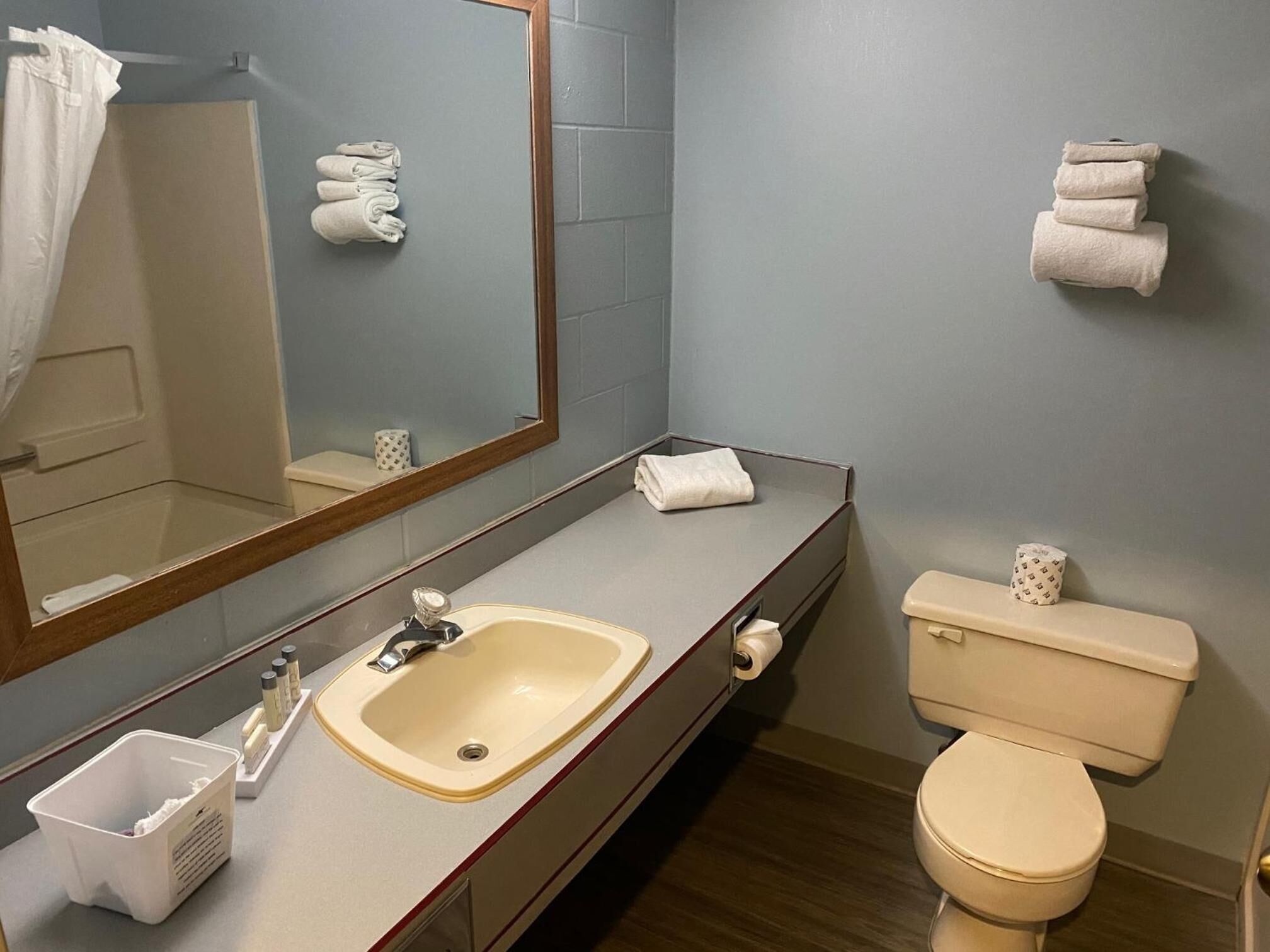 A bathroom with a sink, mirror, toilet, and towels.