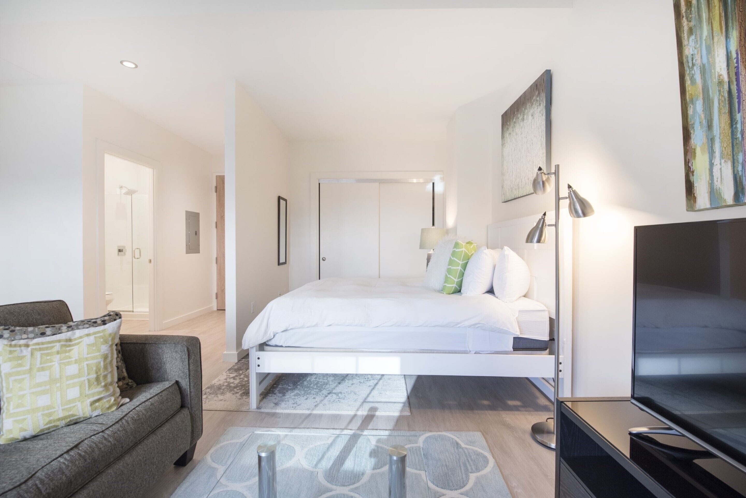 Ein modernes Schlafzimmer mit Bett, Fernseher und einer Couch.