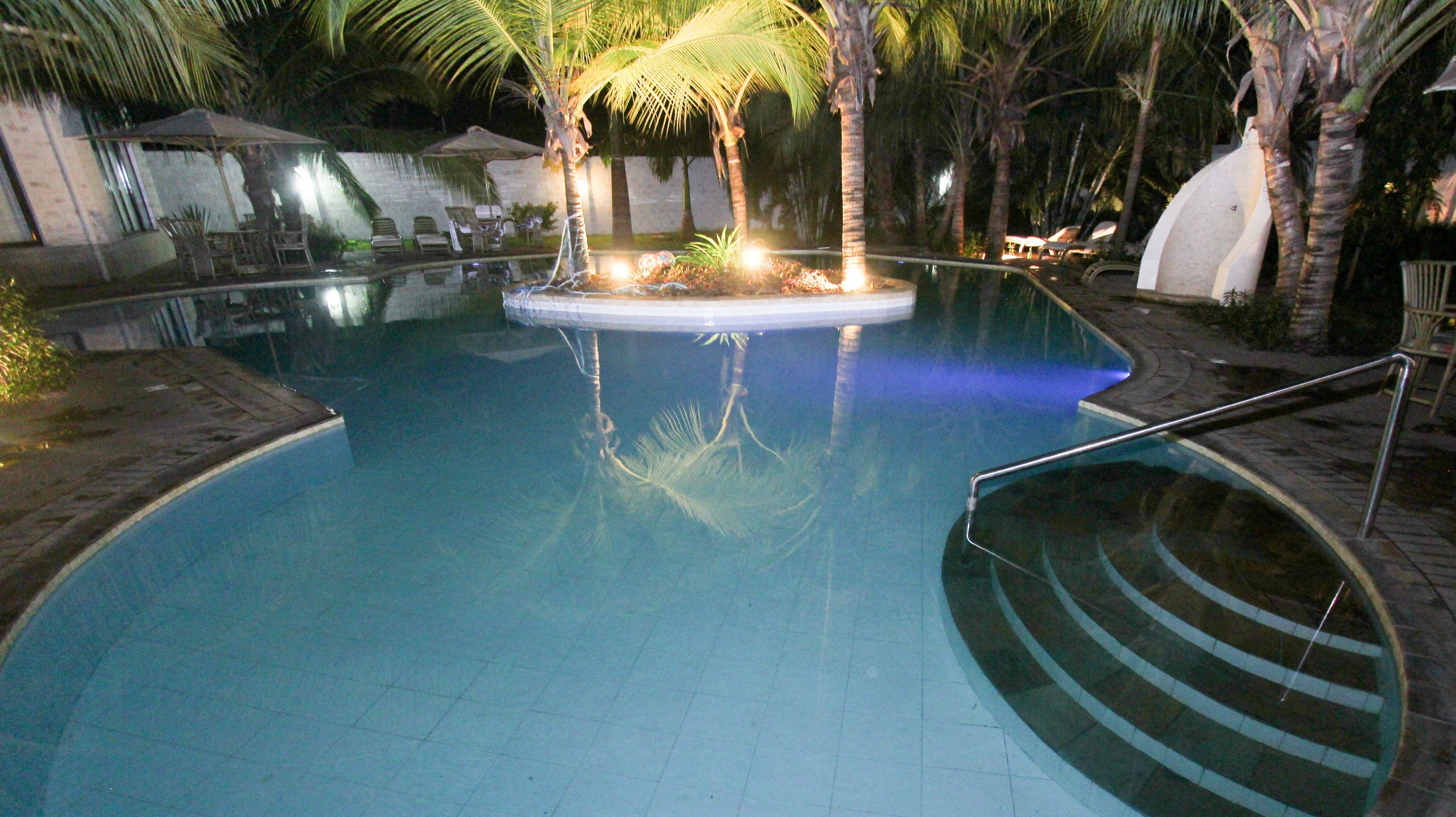 Une piscine dotée d’un îlot central, de palmiers, de chaises longues et d’une terrasse carrelée.