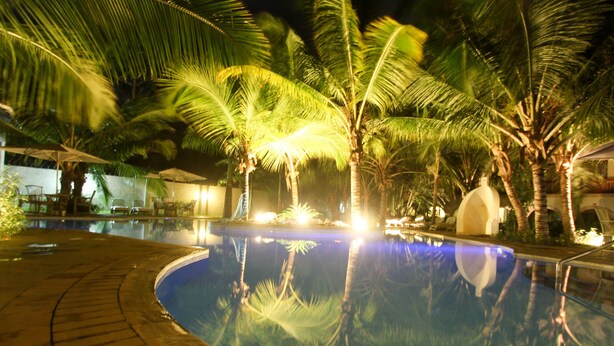 A nighttime pool area with palm trees and lounge chairs. - Lotfa Resort Diani (Diani Beach)