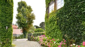 A cobblestone pathway flanked by lush greenery and flowering plants, leading to a traditional building with a red-tiled roof. - Parkhotel Fischer (Wernigerode)