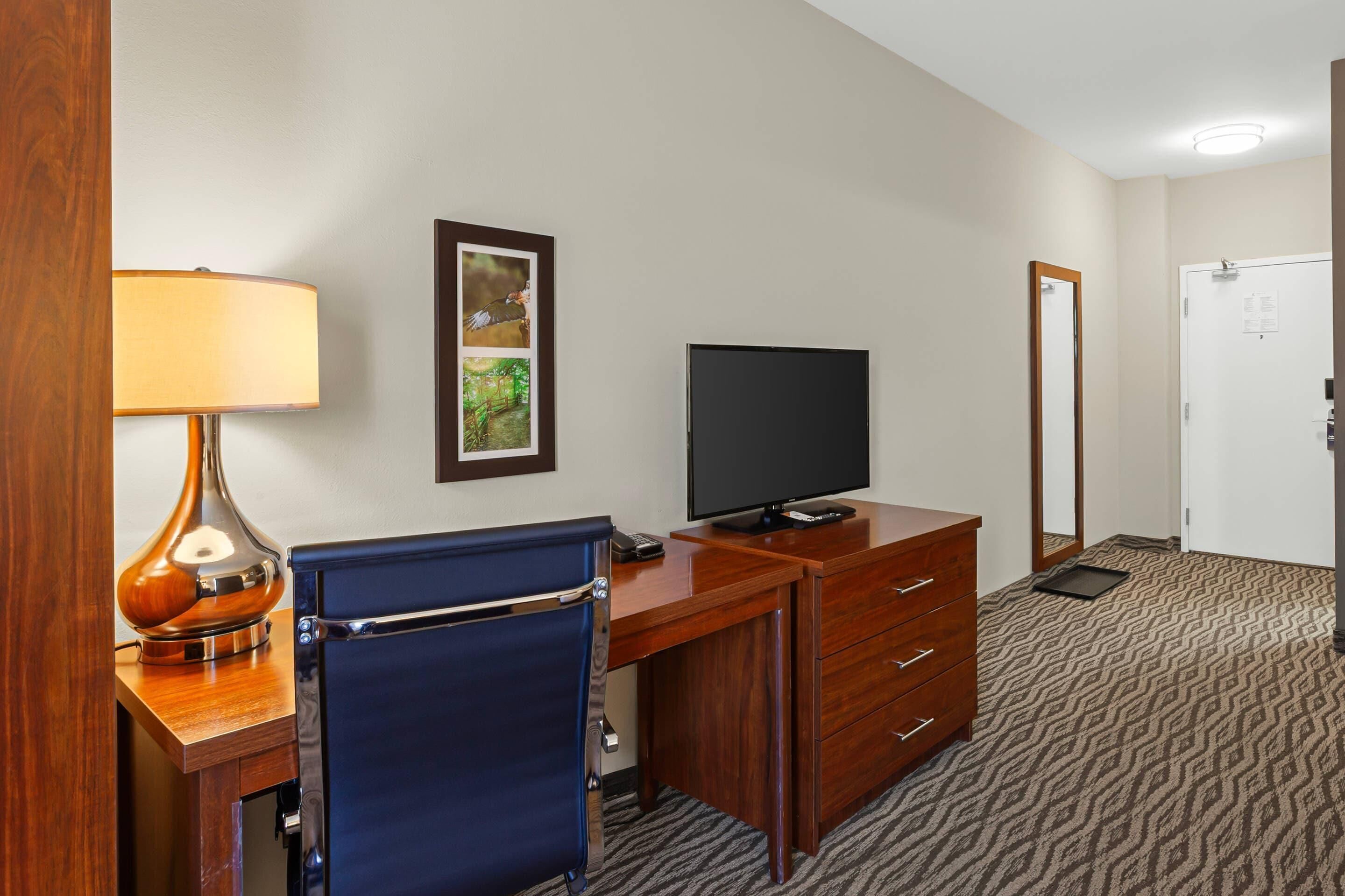A hotel room with a desk, chair, television, and a door.