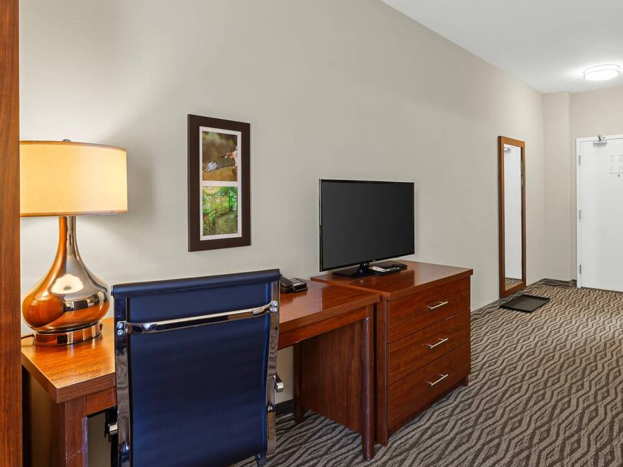 A hotel room with a desk, chair, television, and a door.