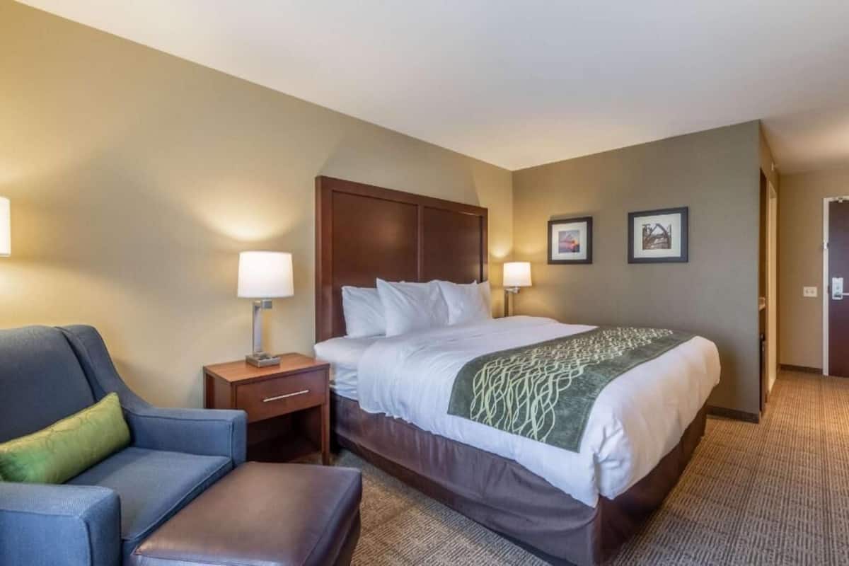 A hotel room with a bed, a nightstand, a chair, and a lamp.