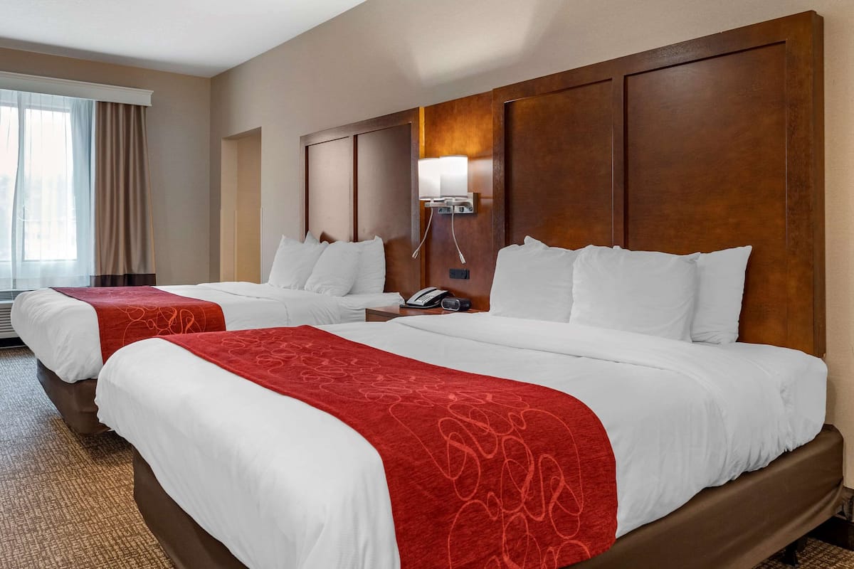 A hotel room with two beds, each with white bedding and a red blanket. There is a wooden headboard, a bedside table with a phone, and a wall-mounted lamp.