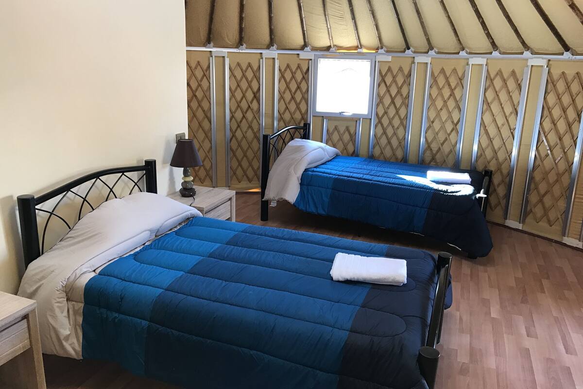 Une chambre avec deux lits, une table de chevet, une lampe et une fenêtre.